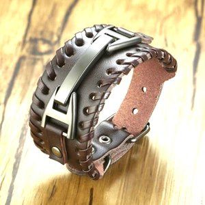 Men's Punk Wide Braided leather bracelet Brown
